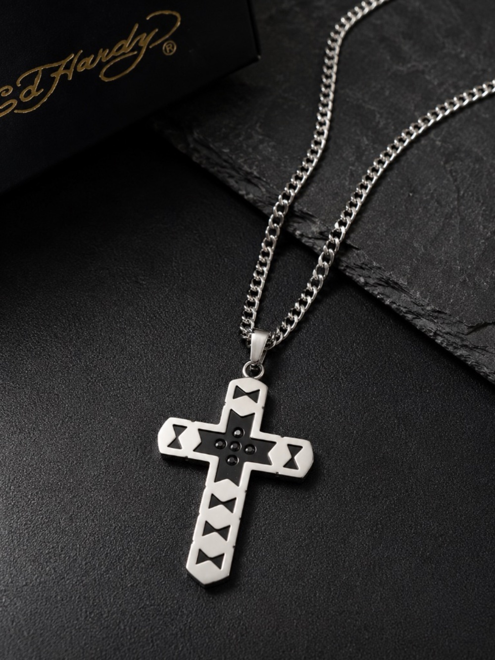 NIB Ed Hardy Men's Stainless Steel Cross Necklace Black Rhinestones 24" Chain